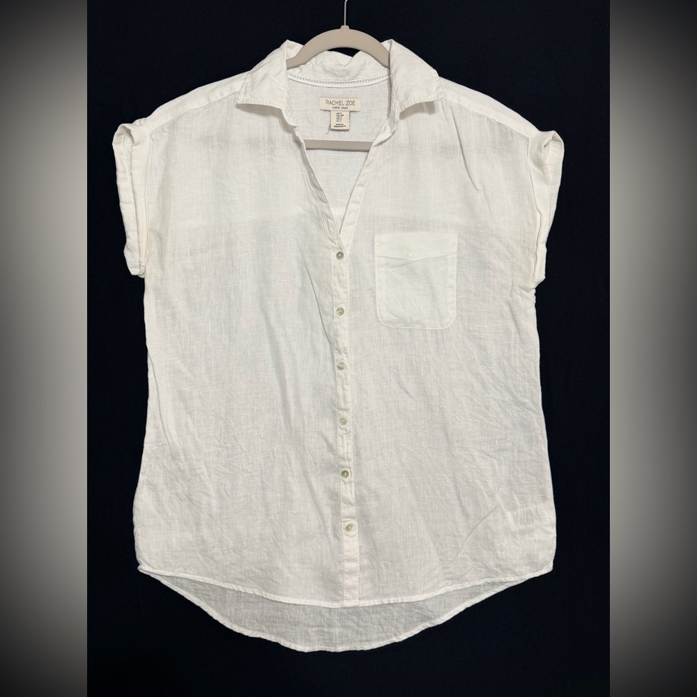 Rachel Zoe Cream Linen Shirt Button Up short sleeve shell buttons oversized